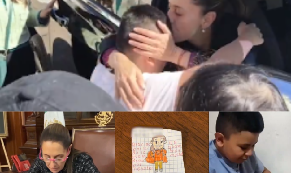 Sheinbaum platica con Mateo, pequeño que le regala un dibujo en su visita a Puebla