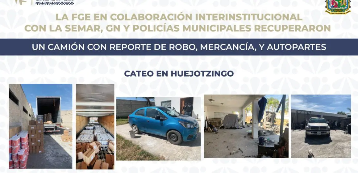 Catean FGE, SEMAR, GN y SSP Municipal inmueble en Huejotzingo, recuperan mercancía robada y autopartes