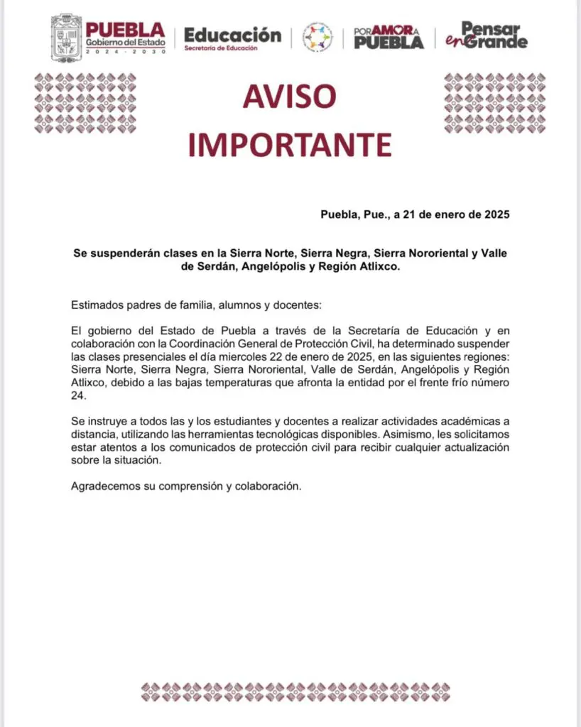 Se suspenden las clases en Puebla por masa de aire frío 2 WhatsApp Image 2025 01 22 at 6.00.05 AM