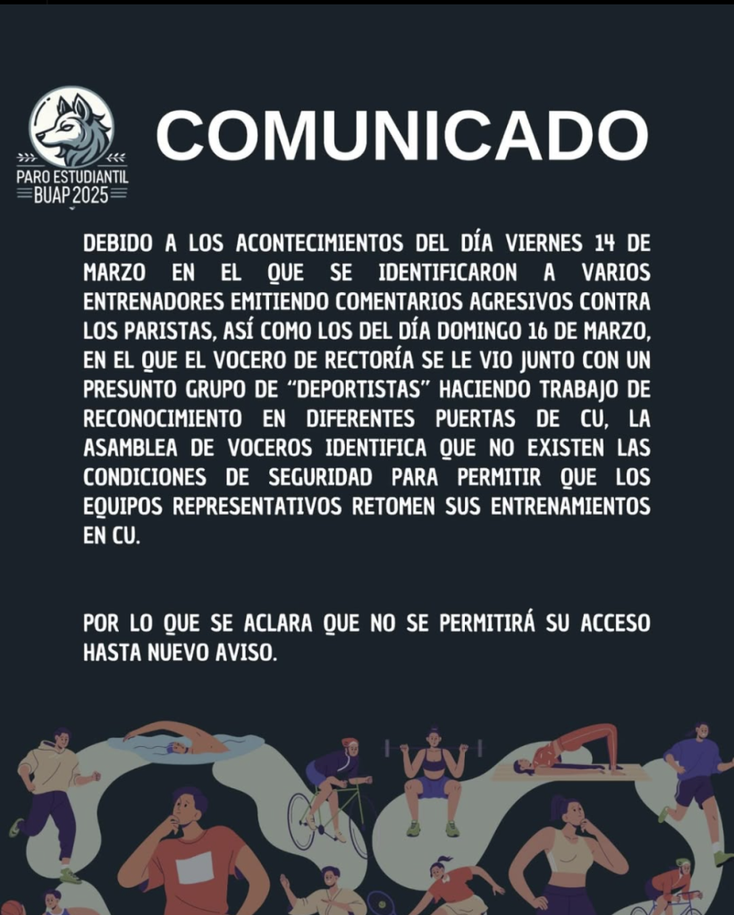 Estudiantes de la BUAP en paro niegan acceso a deportistas a CU pese a solicitud 1 Niegan acceso a entrenadores y deportistas de la BUAP a CU