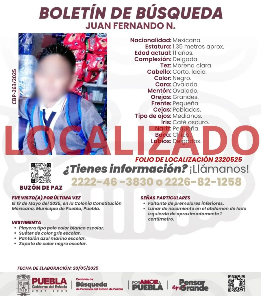 Localizan con vida a menor desaparecido en Puebla 2 2 Localiza Comision de Busqueda de Puebla a menor reportado como desaparecido