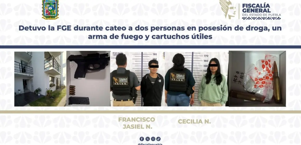 Detienen a dos personas en Puebla por posesión de droga y arma de fuego