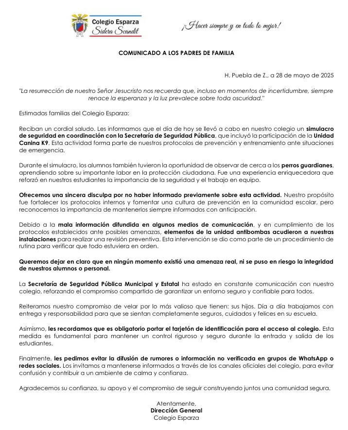 Colegio Esparza niega amenaza de bomba; se trató de un simulacro 1 Comunicado Colegio Esparza