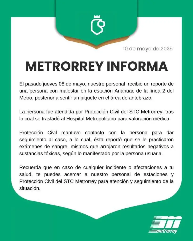 Primer caso de pinchazo en Metro de Monterrey: Alerta en estación Anáhuac 1 Monterrey2