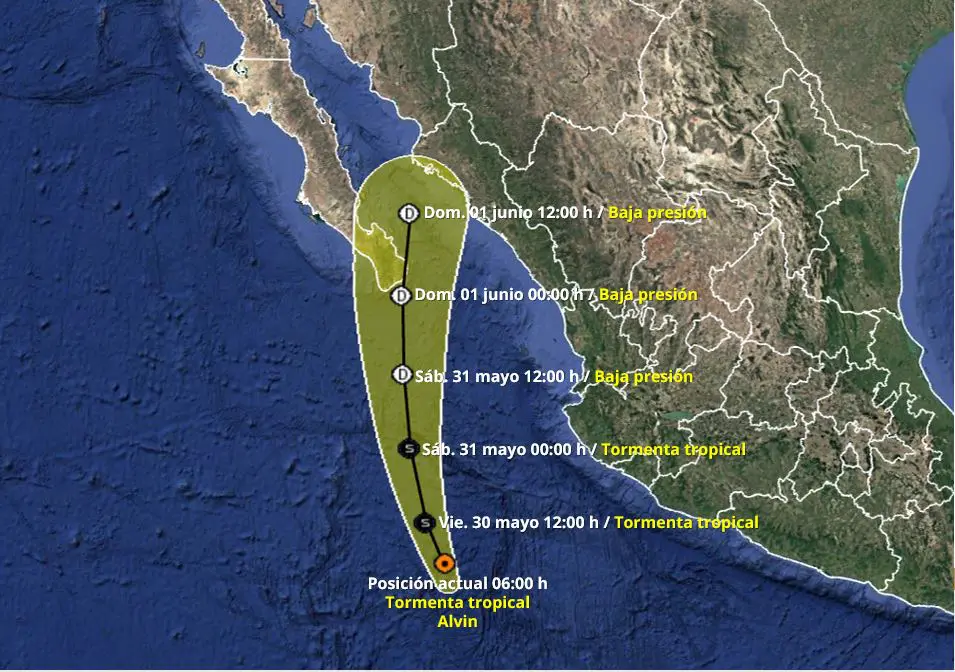 Tormenta tropical Alvin generará lluvias intensas en cuatro estados 1 Trayectoria Alvin