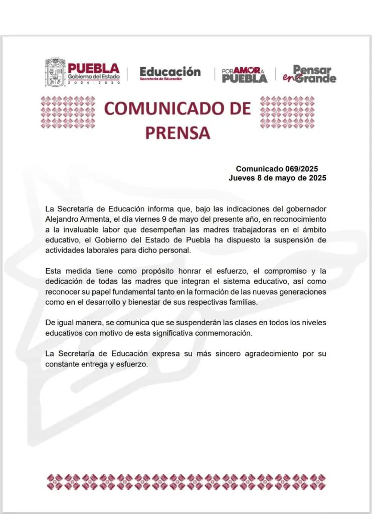 Puebla suspende clases este 9 de mayo por el Día de las Madres 1 WhatsApp Image 2025 05 08 at 5.13.41 PM