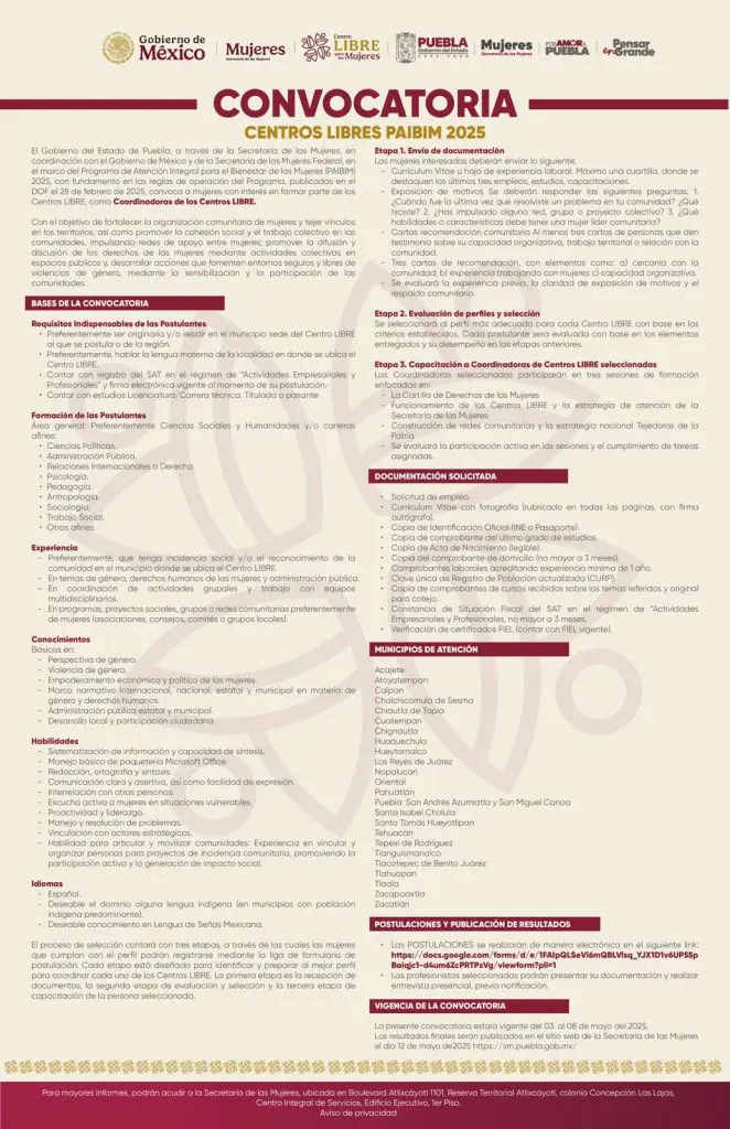 Gobierno de Puebla convocatoria PAIBIM 2025: Oportunidad para profesionistas en apoyo a las mujeres 2 convocatoira 2