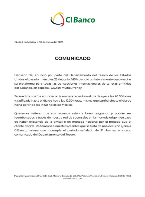 Visa cancela operaciones internacionales con tarjetas de CIBanco tras señalamientos por lavado de dinero 1 VISA