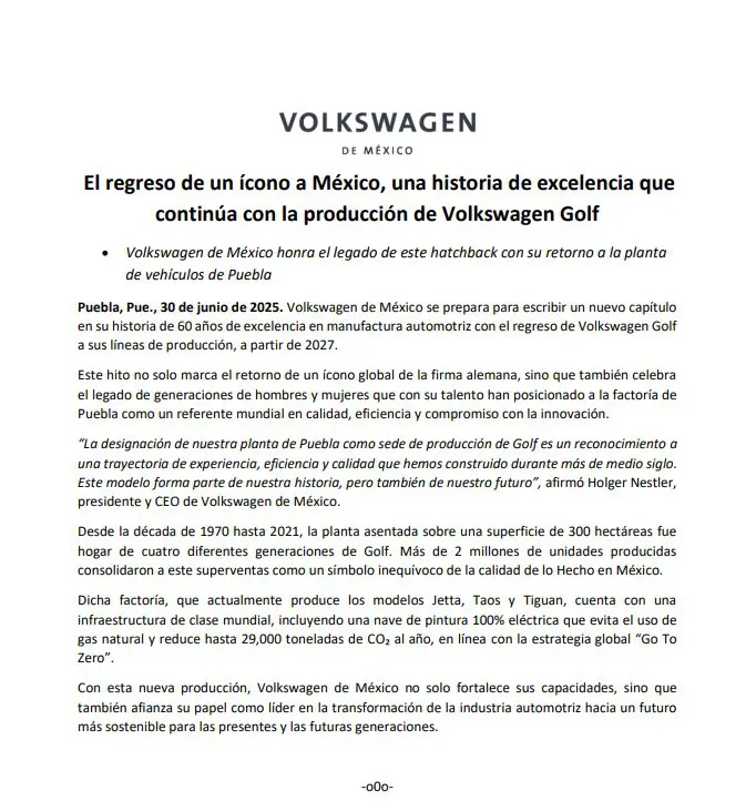Volkswagen de México confirma el regreso del icónico Golf a su planta en Puebla 1 VW