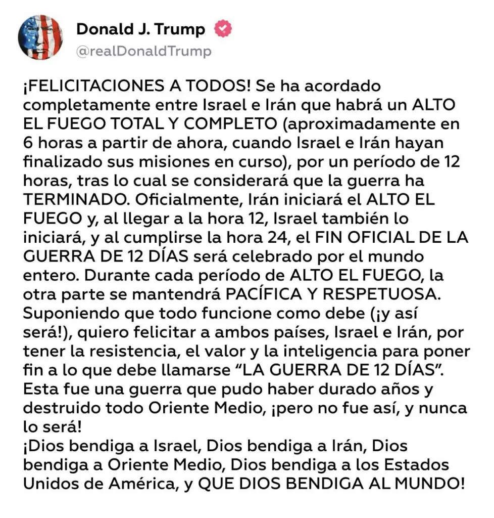 Israel e Irán acuerdan cese al fuego, anuncia Donald Trump 1 red social
