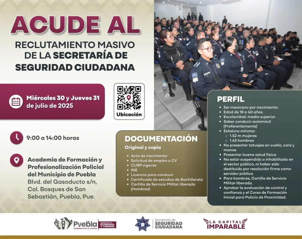 ¡Únete a la Policía Municipal! Reclutamiento para la Secretaría de Seguridad Ciudadana en Puebla 1 0a037e63 403f 4320 80fb 01a5b00205e2
