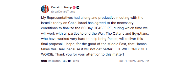 Trump anuncia que Israel acepta alto al fuego de 60 días en Gaza 1 red social