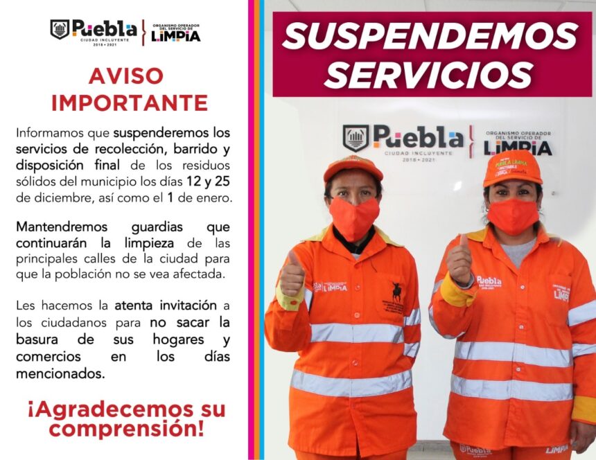 Limpia suspenderá actividades los días 12 y 25 de diciembre y el 1 de enero