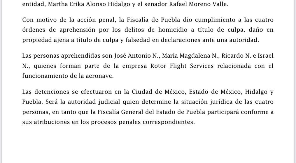 FGE Puebla cumplió 4 aprehensiones ante investigación por evento aéreo de 2018