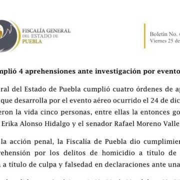 FGE Puebla cumplió 4 aprehensiones ante investigación por evento aéreo de 2018