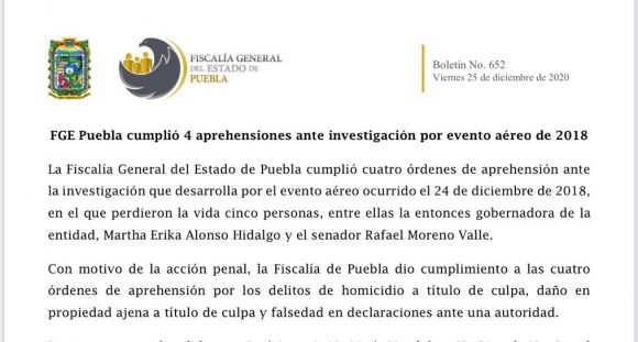 FGE Puebla cumplió 4 aprehensiones ante investigación por evento aéreo de 2018