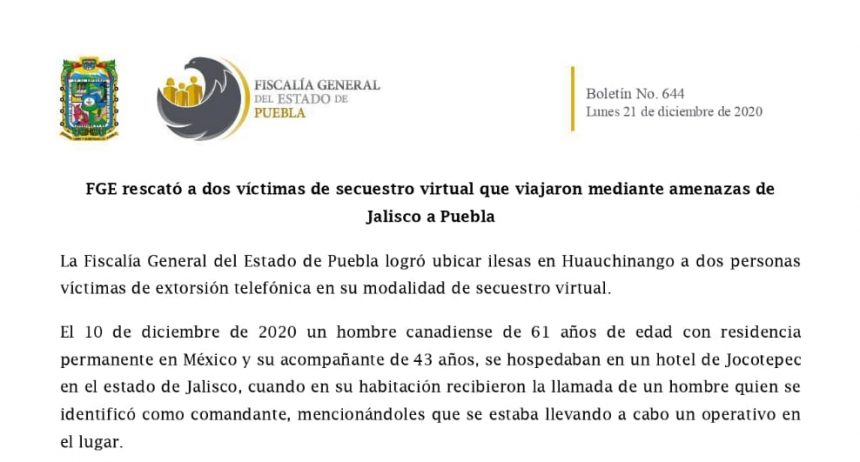 Secuestro FGE rescató a dos víctimas de secuestro virtual que viajaron mediante amenazas de Jalisco a Puebla