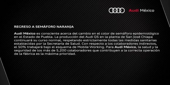 Comunicado Audi México. Regreso a semáforo naranja