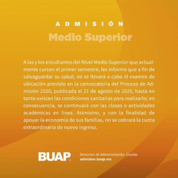 BUAP pospone examen de ubicación del Proceso de Admisión 2020