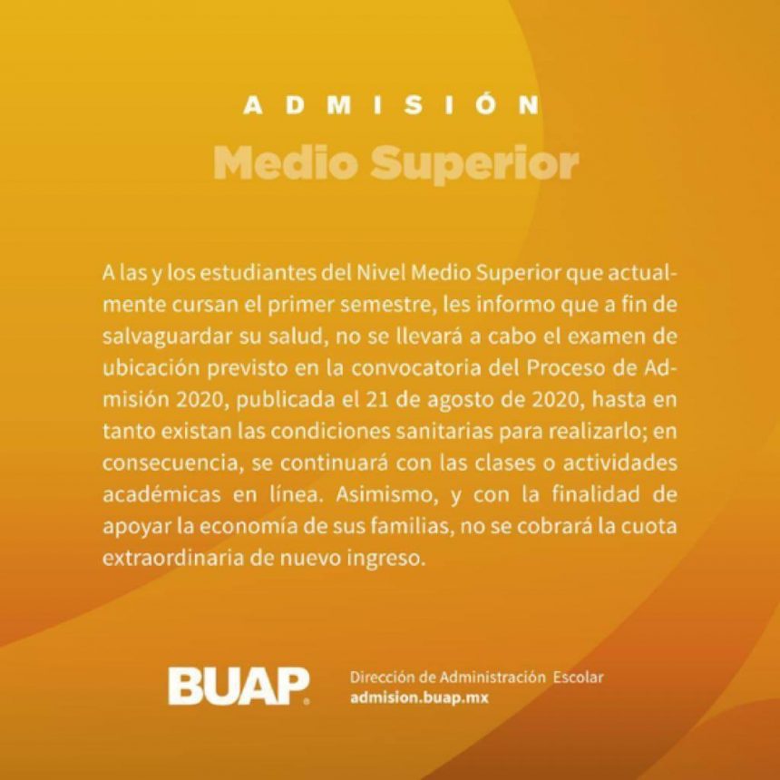 240 BUAP pospone examen de ubicación del Proceso de Admisión 2020