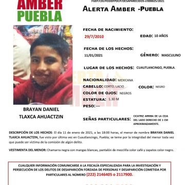 FGE Puebla activa Alerta Amber para localizar a menor de 10 años de edad