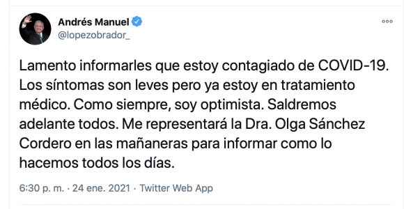 Andrés Manuel López Obrador anuncia que tiene COVID-19