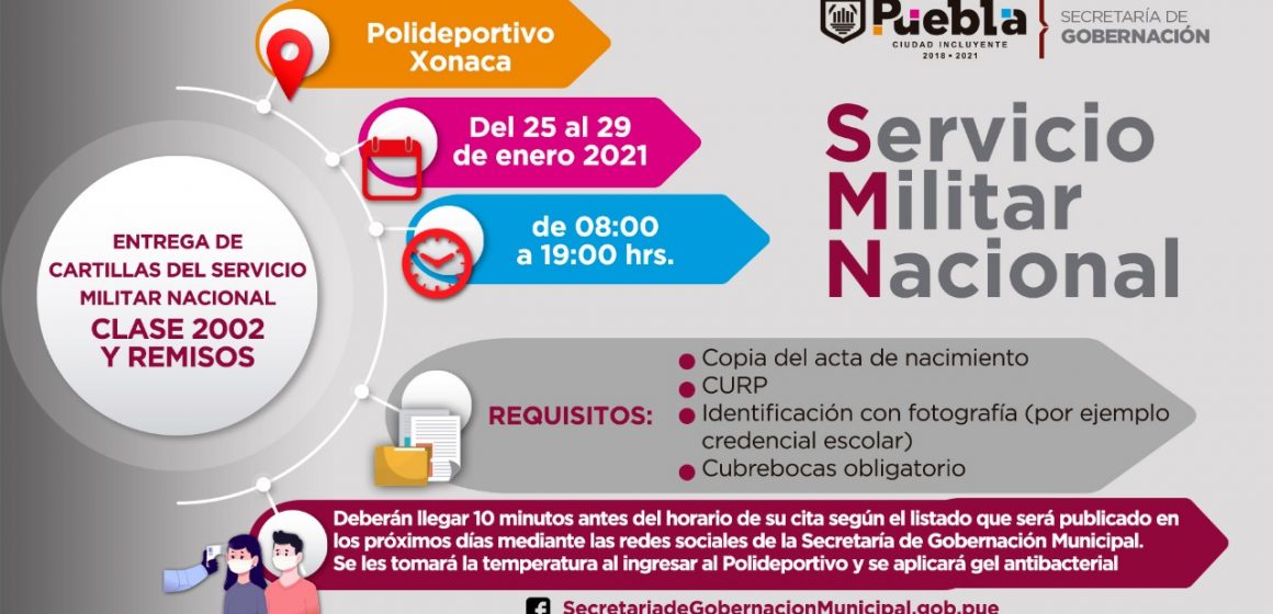 Ayuntamiento de Puebla publica listados para liberación de cartillas del Servicio Militar clase 2002 y remisos