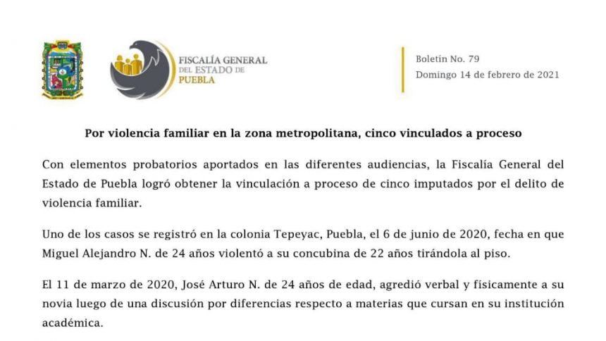 Por violencia familiar en la zona metropolitana, cinco vinculados a proceso
