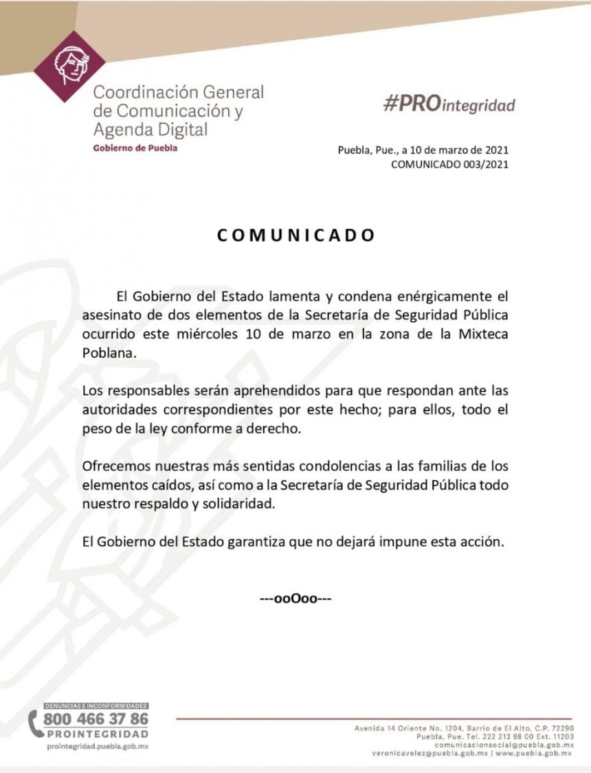 SSP promete justicia por elementos caídos en Jolalpan durante el cumplimiento del deber