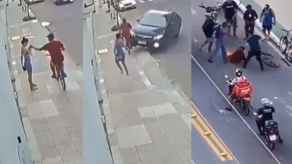 (VIDEO) Ciclista en Brasil roba celular a joven; novio lo atropella, lo golpea y lo recupera