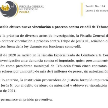 Fiscalía obtuvo nueva vinculación a proceso contra ex edil de Tehuacán
