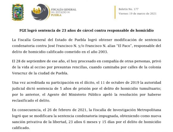 FGE logró sentencia de 23 años de cárcel contra responsable de homicidio