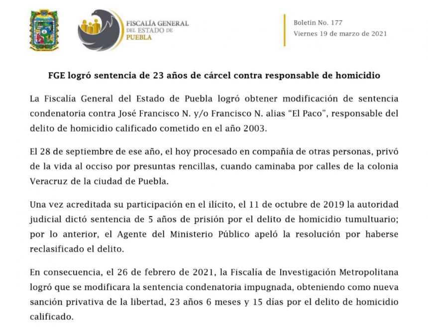 FGE logró sentencia de 23 años de cárcel contra responsable de homicidio