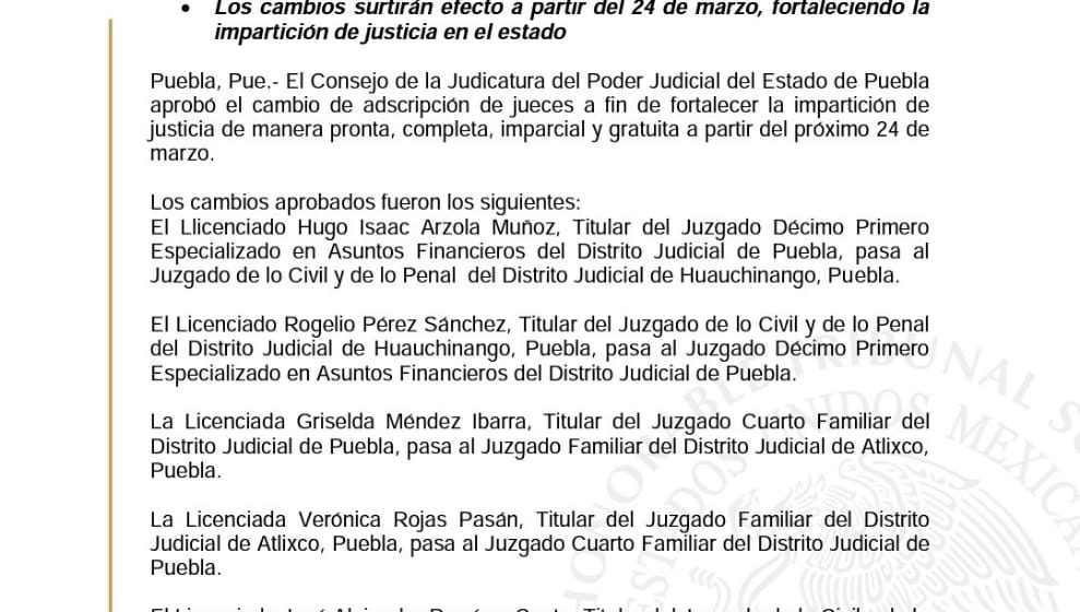 El Consejo de la Judicatura ordenó la rotación de jueces en diferentes regiones del estado de Puebla