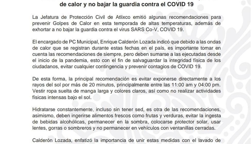 Protección Civil de Atlixco emite recomendaciones por temporada de calor y no bajar la guardia contra el COVID 19
