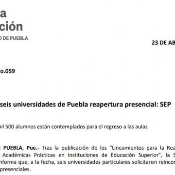 Solicitan seis universidades de Puebla reapertura presencial: SEP