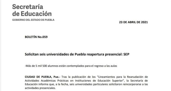 Solicitan seis universidades de Puebla reapertura presencial: SEP
