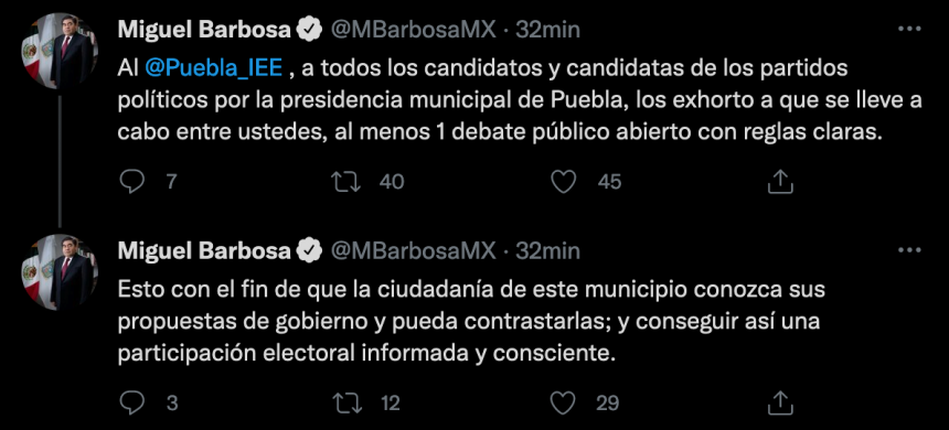 Exhorta Barbosa al IEE y candidatos a la alcaldía de Puebla a realizar un debate público