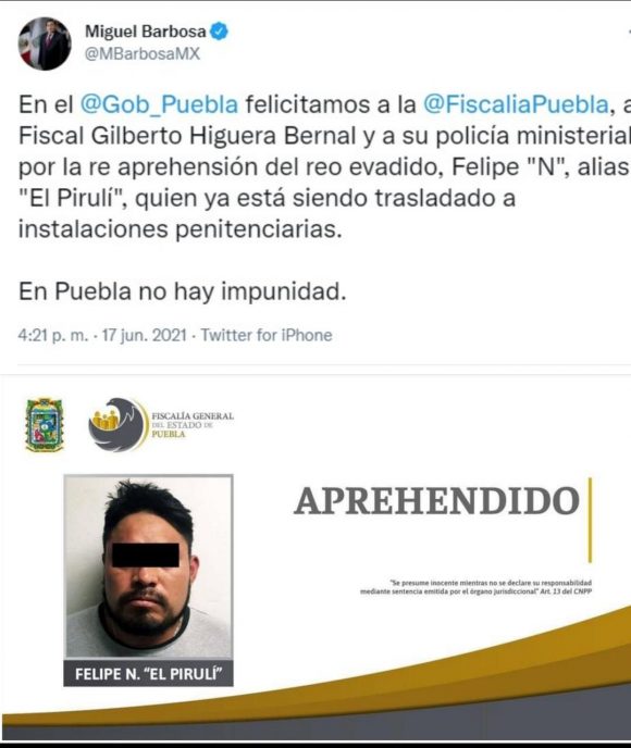 Recaptura Fiscalía al “Pirulí”, reo que se fugó del penal de San Miguel, confirma Barbosa