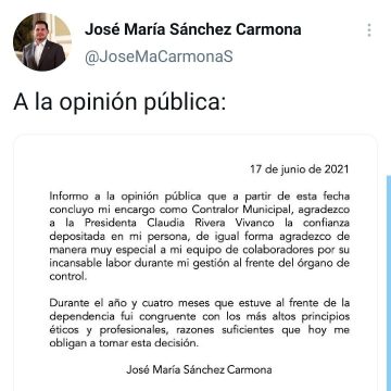 Renuncia Contralor del Ayuntamiento de Puebla