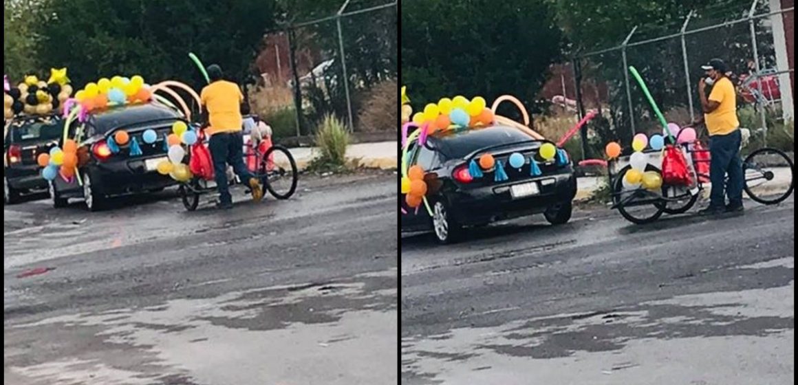 Abuelito adorna su triciclo en la caravana de graduación de su pequeña nieta