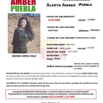 Fiscalía Puebla activa Alerta Amber para localizar a menor de 13 años