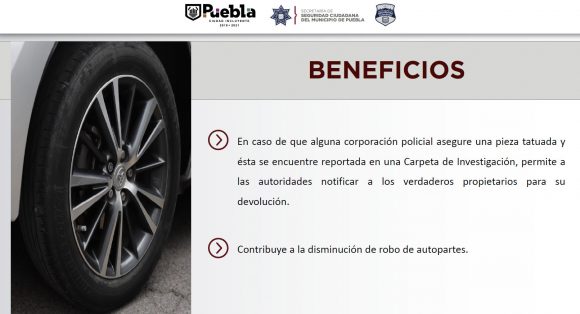 Presenta Ayuntamiento de Puebla programa de tatuaje de autopartes para evitar el robo