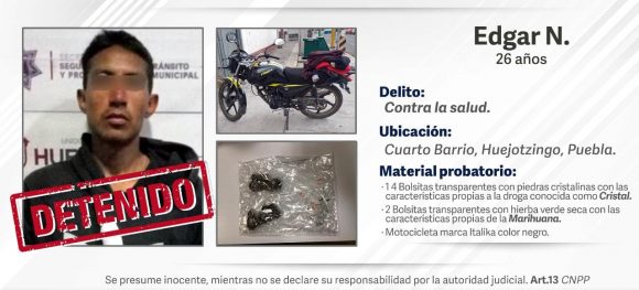 Policías Municipales detienen a narcomenudista en Huejotzingo