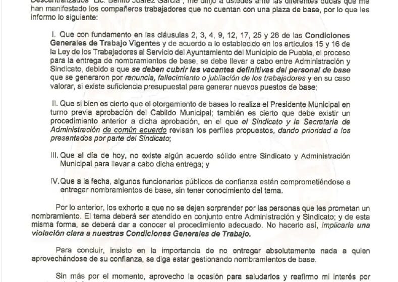 Alertan sobre falsas promesas de entregar 100 bases sindicales en el Ayuntamiento de Puebla