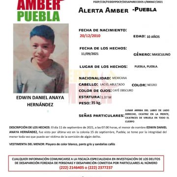 Alerta Amber para localizar a Edwin Daniel Anaya Hernández de 10 años