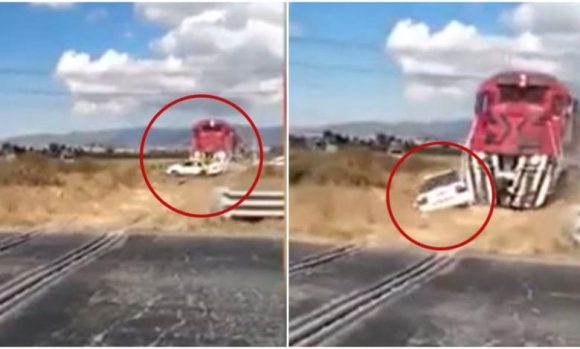 (VIDEO) Tren impactó y arrastró a un taxista que intentó ganarle el paso en Hidalgo