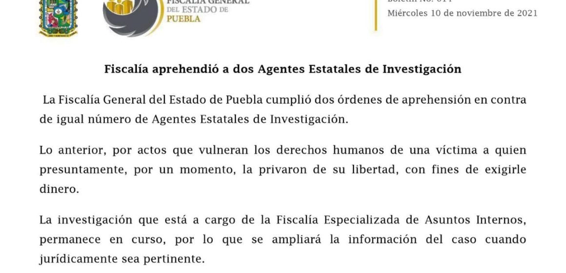 Fiscalia aprehendió a 2 agentes por presunto secuestro exprés en Tehuacán