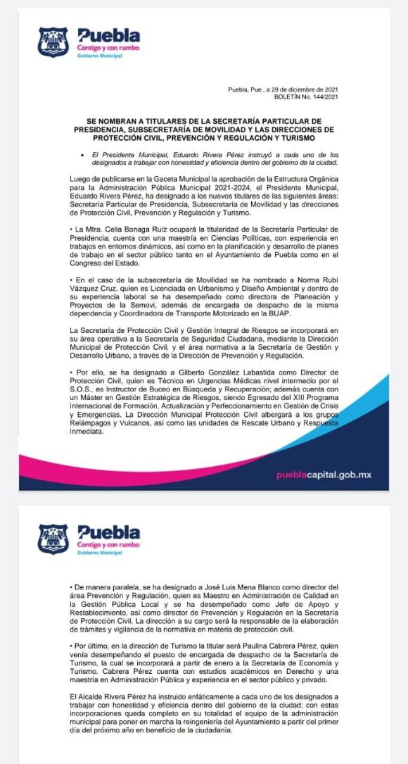 Nombran a titulares de la Secretaría Particular de Presidencia, Subsecretaría de Movilidad, y direcciones de Protección Civil, Prevención y Regulación y Turismo