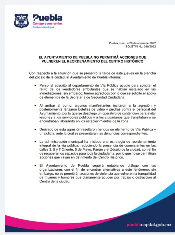 El Ayuntamiento de Puebla no permitirá acciones que vulneren el reordenamiento del CH